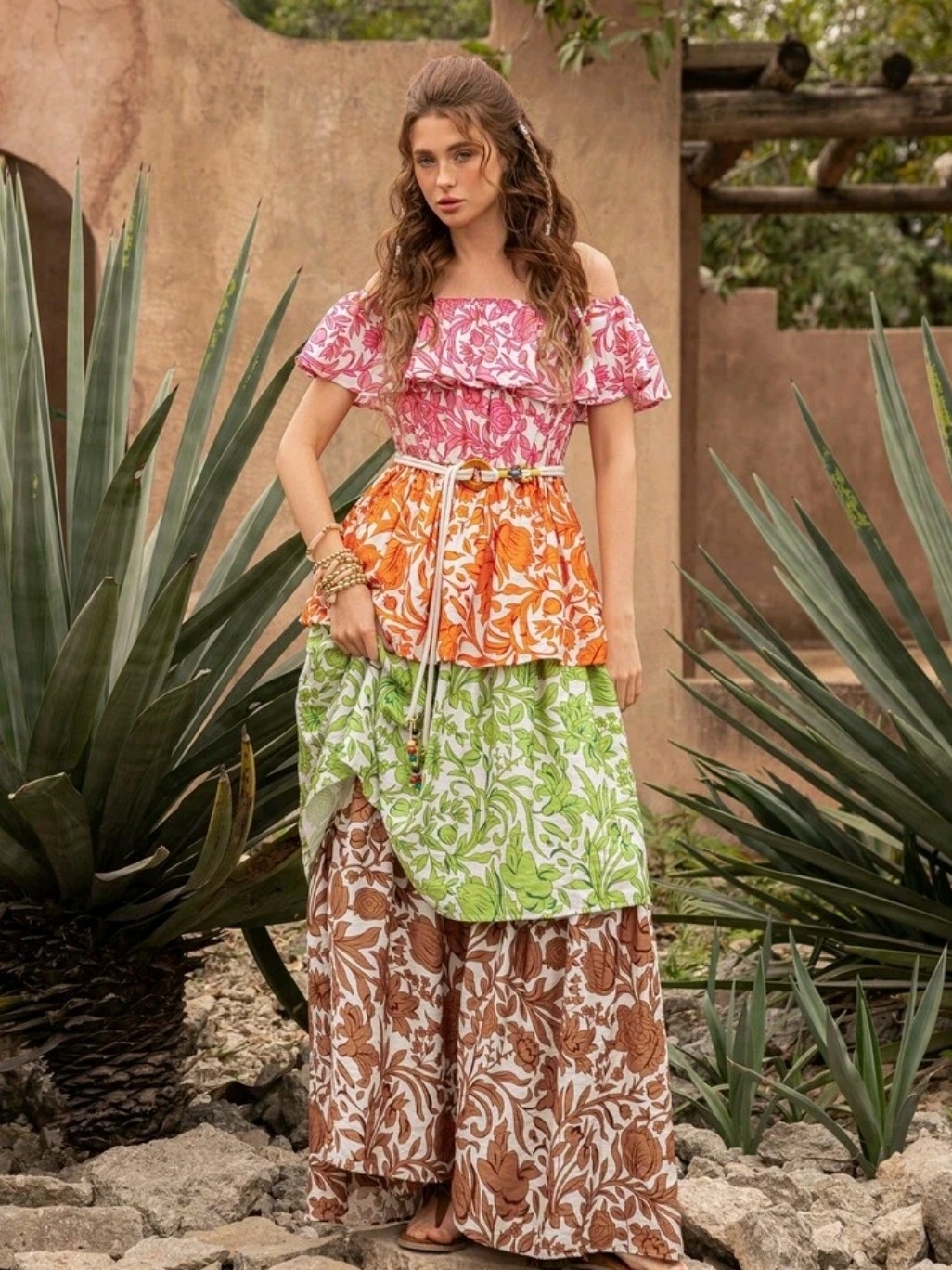 Multi-Print Tiered Off-Shoulder Maxi Dress - Pink, Orange, Green, Brown